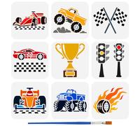 FINGERINSPIRE 9 Styles Modèles de Voiture de Course Avec Un Pinceau 15x15cm Pochoir de Drapeau de Course Auto Pochoirs Dessin Monster Trucks Feux de Circulation Trophées Pochoirs pour Bois Mur Tissu
