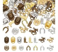 FINGERINSPIRE 90PCS Pendentif en Forme de Cheval de Cowboy Occidental 5 Styles 3 Couleurs Breloques en Alliage sur Le Thème du Cheval de Cowboy Style Tibétain Bottes Chapeaux Fers à Cheval Pendentif