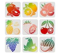 FINGERINSPIRE 9Pcs Fruits Pochoirs 20x20cm en Plastique - Ananas, Citron, Pomme, Pastèque, Pêche, Poire, Cerise, Fraise, Raisin Réutilisables pour Peinture sur Bois, Sol, Mur et Carrelage