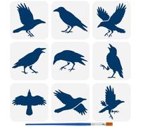 FINGERINSPIRE 9Pcs Pochoir Corbeau Avec 1 Pinceaux en Plastique de 15x15cm 9 Styles Motifs de Corbeaux Décoration Oiseaux Animaux Pochoirs pour Peinture sur Bois Toile Tissu Mur Meubles