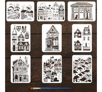 FINGERINSPIRE 9Pcs Pochoir D'Architecture Ville et de Village Avec 1 Pinceaux 21x29.7cm Pochoirs à Motifs de Bâtiments Urbains Modèle de Scène de Campagne Urbaine pour DIY Meubles Décoration Murale