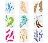 FINGERINSPIRE 9Pcs Pochoir de Peinture à Plumes Variées Avec 1 Pinceaux Artistiques 21x29.7cm Pochoir à Plumes Réutilisable Pochoir Attrape-Rêves Thème Fantastique Plumes pour Peinture sur Mur en Bois