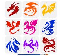 FINGERINSPIRE 9Pcs Pochoir de Peinture de Dragon 15X15cm Modèle de Silhouette de Dragon Avec Pinceau Pochoir de Dragon Creux Avec Ailes Modèle de Ptérosaure Réutilisable Pochoir Thème Fantastique DIY