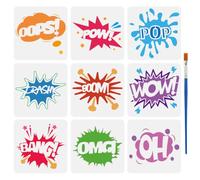 FINGERINSPIRE 9Pcs Pochoir de Peinture de Texte de Bande Dessinée Avec Pinceau 15x15cm Oops Wow Pop Crash Boom Bang Omg Oh Modèle de Dessin Étoile Foudre Avec Mots Pochoir DIY pour Bois Mur Tissu