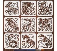 FINGERINSPIRE 9Pcs Pochoir de Peinture en Plastique Avec Motif D'Animaux Celtiques et Pinceau Pochoirs de Dessin Réutilisables de 20x20cm Motifs D'Animaux Abstraits Décoratifs pour Loisirs Créatifs