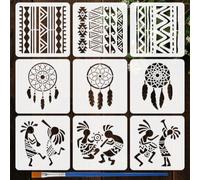 FINGERINSPIRE 9Pcs Pochoirs à Motifs Tribaux Avec Pinceau 15x15cm Templates de Dessin Attrape-Rêves Pochoirs Personnages Géométriques Cartoon Pochoir Thème Tribal pour Décoration de Meubles