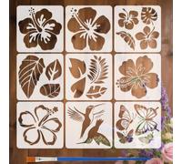 FINGERINSPIRE 9Pcs Pochoirs de Feuilles de Fleurs D'Hibiscus Avec Pinceau 30x30cm Pochoir Feuilles Tropicales Floral Papillons Pochoir à Dessin Réutilisable Modèle Floral Hawaïen pour Bois Mur Tissu