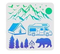 FINGERINSPIRE Camp Pochoirs 30x30cm Plastique Montagnes Soleil Tente Ours Pin Arbre Dessin Peinture Oiseaux Voiture Feu Motif Pochoirs Réutilisables pour Peinture sur Bois, Sol, Mur