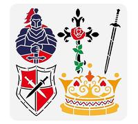 FINGERINSPIRE Chevalier et Couronne Pochoir 30x30cm Réutilisable avec Croix de Malte, Épée, Bouclier - Gabarit Plastique Évider pour Peinture Sur Mur Bois Décor D'Intérieur