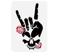 FINGERINSPIRE Halloween Rock 'N' Roll Pochoir de Peinture Tête de Mort 29.7x21 cm - Modèle de Dessin Rock Gesture avec Cornes du Diable, Os de Crâne et Roses pour Peinture Sur Mur Bois