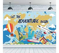 FINGERINSPIRE Let The Adventure Begin Toile de Fond 185x100cm sur Le Thème du Voyage Photographie Toile de Fond Terre Avions Navires Bâtiments Motif Bannière à Suspendre pour Anniversaire Décoration