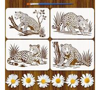 FINGERINSPIRE Lot de 4 pochoirs de peinture léopard avec pinceau en plastique - 21,1 x 29,7 cm - Motif animal naturel - Branches d'arbres - Pochoir sur le thème des animaux - Pour peinture sur sols en