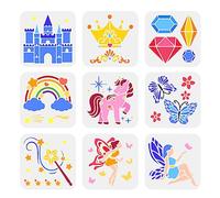 FINGERINSPIRE Lot de 9 pochoirs réutilisables en plastique sur le thème fantastique de 15 x 15 cm, motif papillon, licorne, étoiles, fées, château, couronne, baguette magique, pour bricolage, journal,