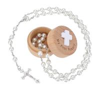 FINGERINSPIRE Mon Premier Chapelet Boîte Souvenir Ronde Bois Perles Chapelet Première Communion Chapelets Blanc 73cm Set Cadeau Catholique pour Femmes Hommes Prière Quotidienne Voyage Port Quotidien