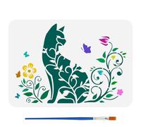 FINGERINSPIRE Pochoir Chats Plantes Avec Pinceau 21X29.7cm Modèle Silhouette Chat Plastique Pet Fleurs Feuilles Pochoir Thème Animal Modèle Vignes Papillons Pochoir pour Peinture sur Bois Tissu