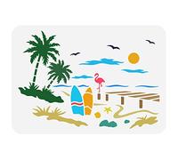 FINGERINSPIRE Pochoir de Paysage de Plage 21x29.7cm Modèle de Pochoir de Plage Océanique Cocotiers en Plastique Mouettes Flamingo Coquillages Motif Peinture Pochoir Pochoir Réutilisable pour Meubles
