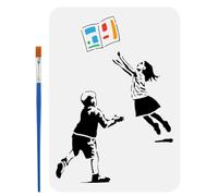FINGERINSPIRE Pochoir de Peinture de Journal Attrapant 21X29.7cm Une Fille et Un Garçon Attrapant Un Modèle Journal Qui Tombe Avec Un Pinceau Pas de Jeu de Balle Pochoir Graffiti Modèle Thème Banksy