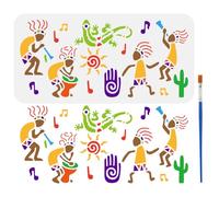 FINGERINSPIRE Pochoir de Style Kokopelli 15X30cm Modèle de Dessin de Joueur de Flûte Tribal Avec Pinceau Pochoir de Notes de Musique de Danseur de Batteur Symbole de Main Soleil Pochoir Cactus Gecko