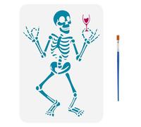 FINGERINSPIRE Pochoir Squelettes Drôles Avec Un Pinceau 29.7X21cm Crâne Tenant Des Verres à Vin Pochoir Squelette Buvant Pochoir Thème Squelette Modèle de Dessin pour Carrelage Mural Sol Meubles