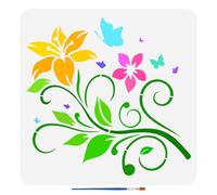 FINGERINSPIRE Pochoirs à Fleurs Avec Un Pinceau 30X30Cm Motif de Lys Papillons Pochoirs de Peinture Vignes Modèle de Dessin Pet Lys Feuilles Pochoirs Thèmes de Plantes Modèle pour Tissu Mural DIY