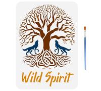 FINGERINSPIRE Pochoirs à Motifs Wild Spirit Avec Un Pinceau 29.7X21cm Pochoirs Arbre de Vie Pochoirs de Décoration de Loup Thèmes Végétaux Modèle D'Arbre pour Bois Mur Tissu Meubles Sol DIY