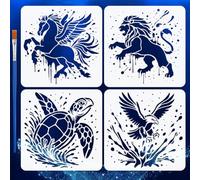 FINGERINSPIRE Pochoirs Animaux Graffiti Avec 4 Pinceaux en Plastique de 1cm Motif Pégase Lions Tortues Aigles Éclaboussures D'Eau Décoration Motif Animalier pour Peinture Murale Bois