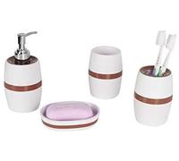 Fingey Ensemble de 4 accessoires de salle de bain au design moderne, porte-savon, porte-brosse à dents, distributeur de savon, tasse de rinçage (blanc) (anneau marron)