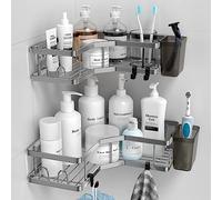 FINIBO Lot de 2 étagères d'angle Autocollantes en Acier Inoxydable avec 4 Crochets et 2 Porte-Dentifrice pour Salle de Bain - sans perçage - Noir