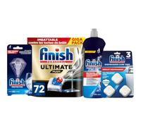 Finish - Lot de 72 pastilles pour lave-vaisselle Ultimate Plus + Protector Finish + Liquide de rinçage 800 ml + 3 Pastilles pour des verres plus secs et une protection anti-traces.