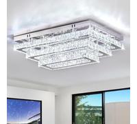 Finktonglan Modern Crystal LED Ceiling Light 20 Inch Rectangular Chandelier 3-Tier Stainless Steel Ceiling Lamp Fittings for Living Room Cool White