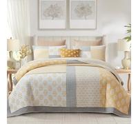 Finlonte Parure de lit 3 pièces 100% Coton léger pour très Grand lit, Couvre-lit matelassé réversible et Doux, Motif Floral en Patchwork véritable, Jaune, Gris, Blanc