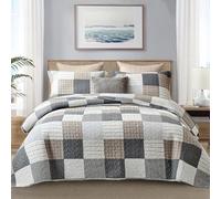 Finlonte Parure de lit 3 pièces à Carreaux 100% Coton pour très Grand lit - Couvre-lit réversible léger - Couvre-lit matelassé pour Toutes Les Saisons - Couvre-lit matelassé Gris Marron Blanc pour