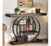 Finmind Table Console Industrielle à 4 niveaux avec Base Circulaire, 105 cm Tables d'appoint étroites pour salon, Noir