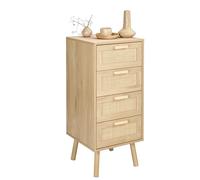 Finnhomy Commode en rotin pour chambre à coucher, grande commode avec 4 tiroirs décorés en rotin fait à la main pour chambre à coucher, petite table de chevet avec pieds en bois, naturel