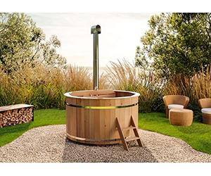 FinnTherm Bergen Fût de bain en bois Ø 180 x 110 cm, avec four en acier inoxydable 22 kW et échelle d'entrée, 5 à 6 personnes, piscine, bassin de bain, bain gazeuse