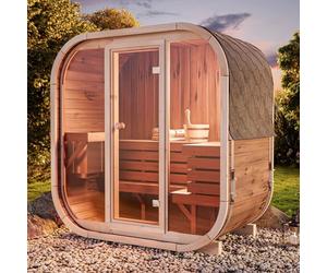 FinnTherm Fasssauna Ellipso M, Moderne Sauna d’Extérieur In ouverture de Toit, Compacte Sauna de Jardin avec Façade en Verre, Sauna d’Extérieur : 196 x 119 x 203 cm (l x p x h), 3 Personnes