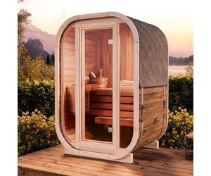 FinnTherm Fasssauna Ellipso S, Moderne Sauna d’Extérieur in ouverture de Toit, Sauna de Jardin Compacte avec Façade en Verre, Sauna d’Extérieur: l 136 x p 119 x h 203 cm, pour 2 Personnes