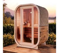 FinnTherm Fasssauna Ellipso S, Moderne Sauna d’Extérieur incl. Couverture de Toit, Sauna de Jardin Compacte avec Façade en Verre, Sauna d’Extérieur: l 136 x p 119 x h 203 cm, pour 2 Personnes