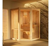 FinnTherm Sauna d'intérieur Ylva - Sauna d'angle avec façade en verre pour 2 personnes - Dimensions intérieures : l 129 x P 129 x H 191 cm - Chaises longues de sauna de qualité supérieure - Éléments