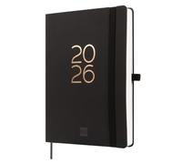 Finocam - Agenda 2026 1 Jour par page | Janvier - Décembre (12 mois) | Agenda A5 avec élastique et signet en ruban tissé | Couverture souple Capri - Noir - International