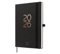 Finocam - Agenda 2026 Semaine sur 2 pages, Présentation verticale | Janvier - Décembre (12 mois) | Agenda A5 avec élastique et signet en ruban tissé | Couverture souple Capri - Noir - International