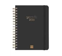 Finocam Agenda à spirale 2026 1 jour par page | janvier à décembre (12 mois) | Agenda annuel 2026 avec élastique | Spirale double couverture rigide à spirale Alma - Noir - Catalan