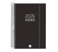 Finocam Agenda à spirale 2026 1 jour par page | janvier à décembre (12 mois) | Agenda annuel 2026 avec élastique | Couverture en polypropylène à spirale opaque - Noir - Catalan