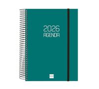 Finocam Agenda à spirale 2026 1 jour par page | janvier à décembre (12 mois) | Agenda annuel 2026 avec élastique | Couverture en polypropylène à spirale opaque - Vert basque