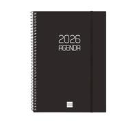 Finocam Agenda à spirale 2026 avec vue verticale hebdomadaire | janvier à décembre (12 mois) | Agenda annuel 2026 avec élastique | Couverture en polypropylène à spirale Basics Opaque - Noir - Catalan