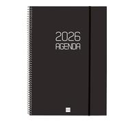 Finocam Agenda à spirale 2026 semainier horizontal de janvier à décembre (12 mois) | Agenda A4 annuel 2026 avec élastique, couverture en polypropylène à spirale opaque, noir