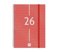 Finocam Basics Year Agenda à spirale 2026 semainier horizontal de janvier à décembre (12 mois) avec élastique et couverture en polypropylène Motif Basics Year Rouge