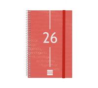 Finocam Basics Year Agenda à spirale 2026 semainier horizontal de janvier à décembre 12 mois avec élastique et couverture en polypropylène Motif Basics Year Rouge