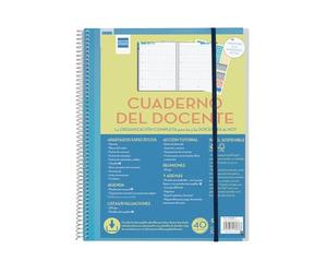 Finocam - Carnet d'enseignant semaine par page en espagnol avec autocollants et pochettes transparentes, feuilles de listes et d'évaluations et section de tutorat. Idéal pour l'organisation scolaire.