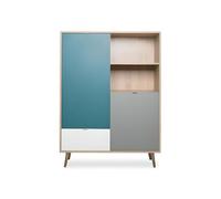 Buffet haut - Chêne Sonoma, blanc, gris et bleu - Style scandinave - CUBA - L 103 x P 40 x H 139 cm